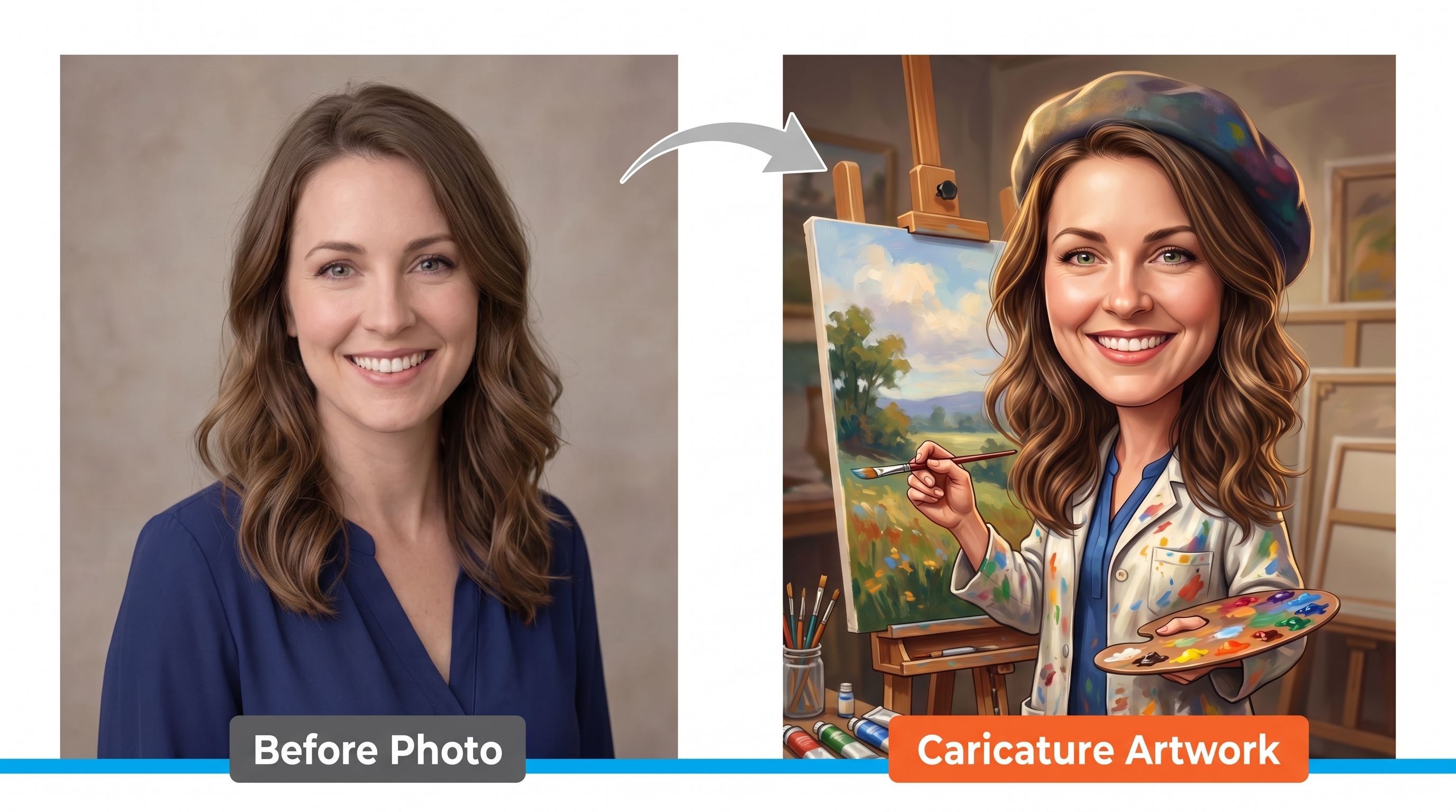 Before photo of a woman transformed into a custom caricature artwork by Caricature4U