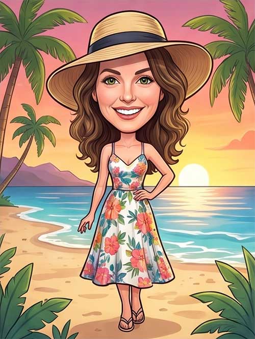 Personalised portrait caricature of a beautiful woman on a beach at sunset