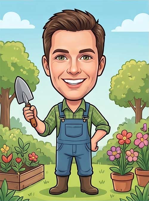 Colourful caricature portrait of gardener sitting in a garden