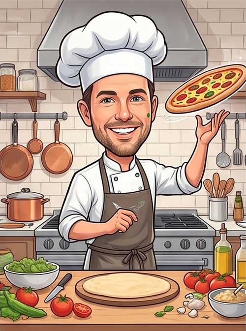 Custom made caricature of a man chef cooking pizza in a modern kitchen